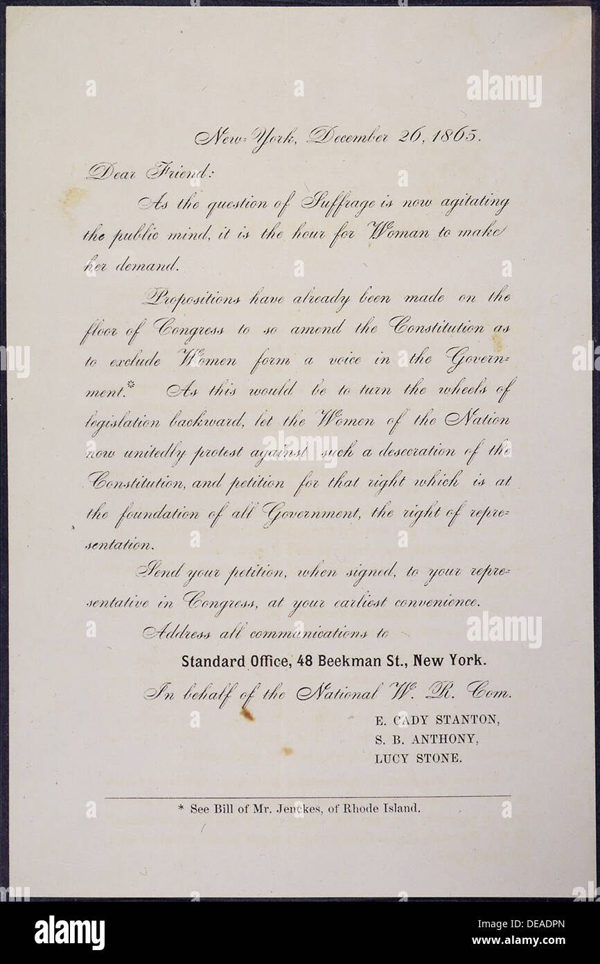 Modulo Lettera da E. Cady Stanton, Susan B. Anthony e Lucia pietra amici chiedendo di inviare petizioni per donna 306686 Foto Stock