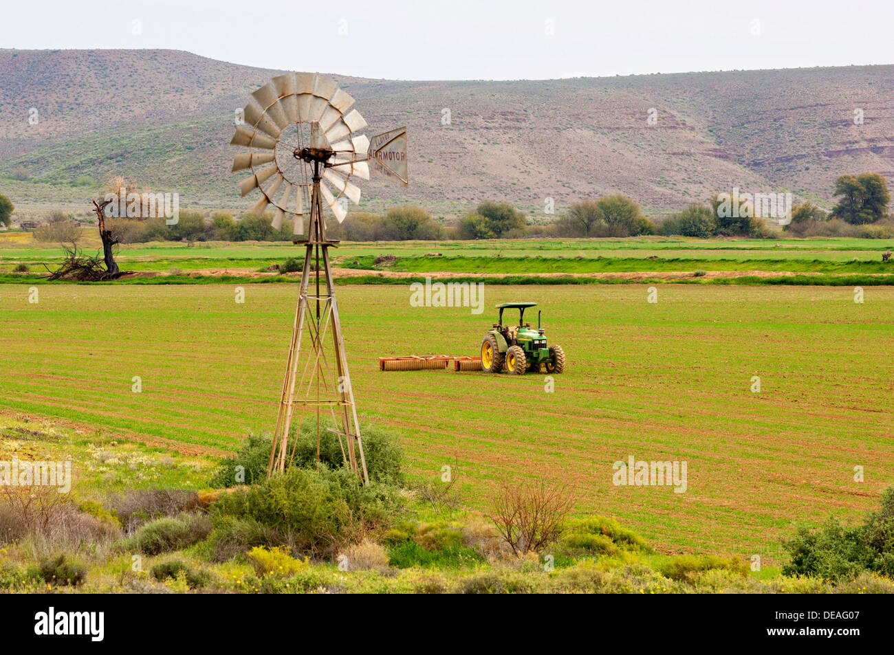 Il mulino a vento di una pompa irrigatoria e un trattore in un campo, Calvinia, provincia del Capo Occidentale, Sud Africa e Africa Foto Stock