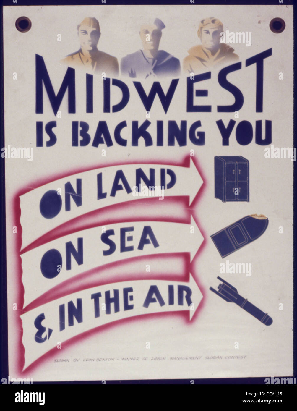 Uno slogan della campagna del Midwest che mette in evidenza il sostegno regionale agli sforzi nazionali, concentrandosi sui contributi ai servizi terrestri, marittimi e aerei. Foto Stock