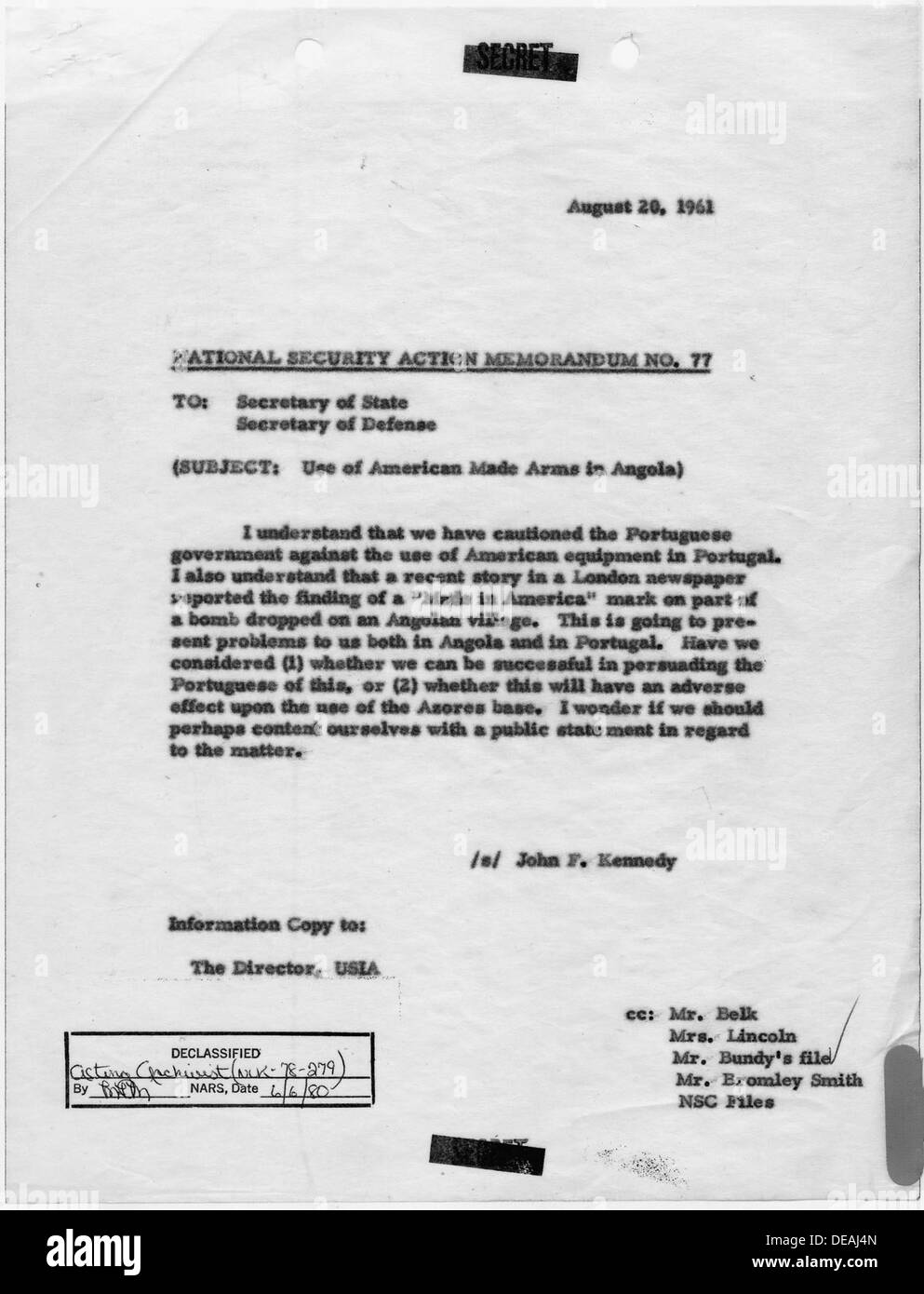 La sicurezza nazionale azione Memorandum n. 77 Uso di American bracci realizzati in Angola 193473 Foto Stock