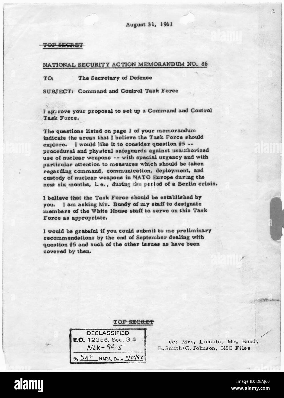 La sicurezza nazionale azione Memorandum n. 86 Il comando e il controllo Task Force 193480 Foto Stock