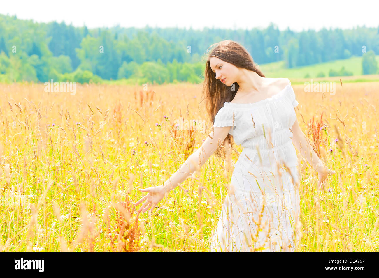 Giovane e bella ragazza Russa in un campo con oro spighe di grano Foto Stock