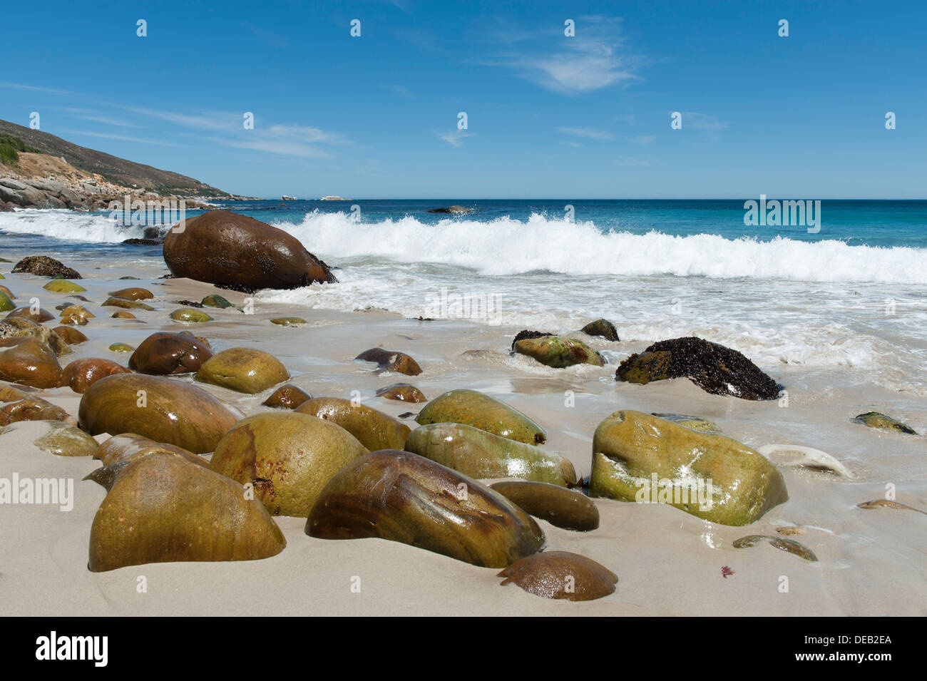 Spiaggia con rocce levigate dal mare oceano sullo sfondo, Victoria Road a sud di Città del Capo, Sud Africa Foto Stock