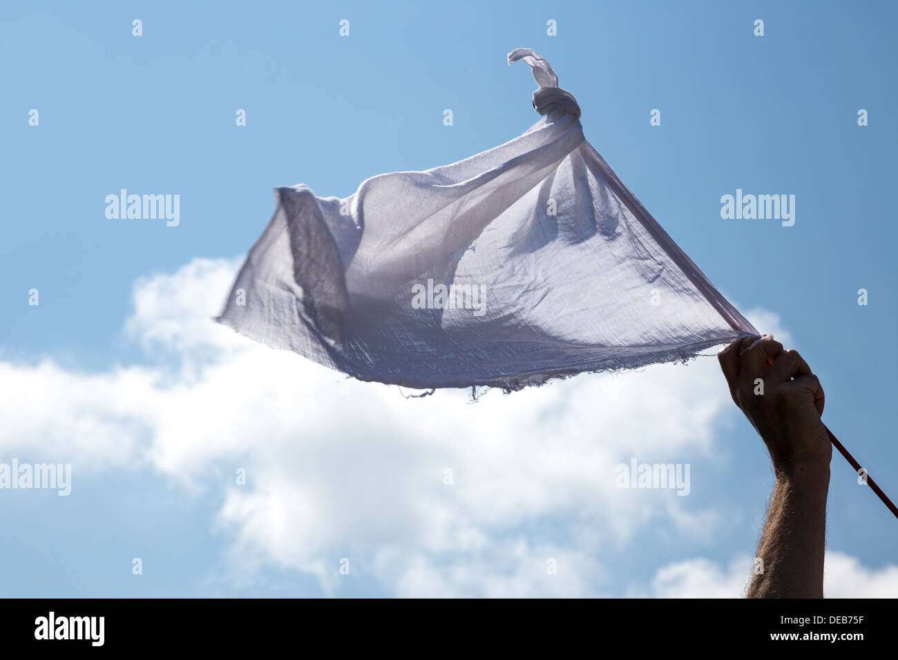 Bandiera bianca sventolata arrendersi contro il cielo blu Foto Stock