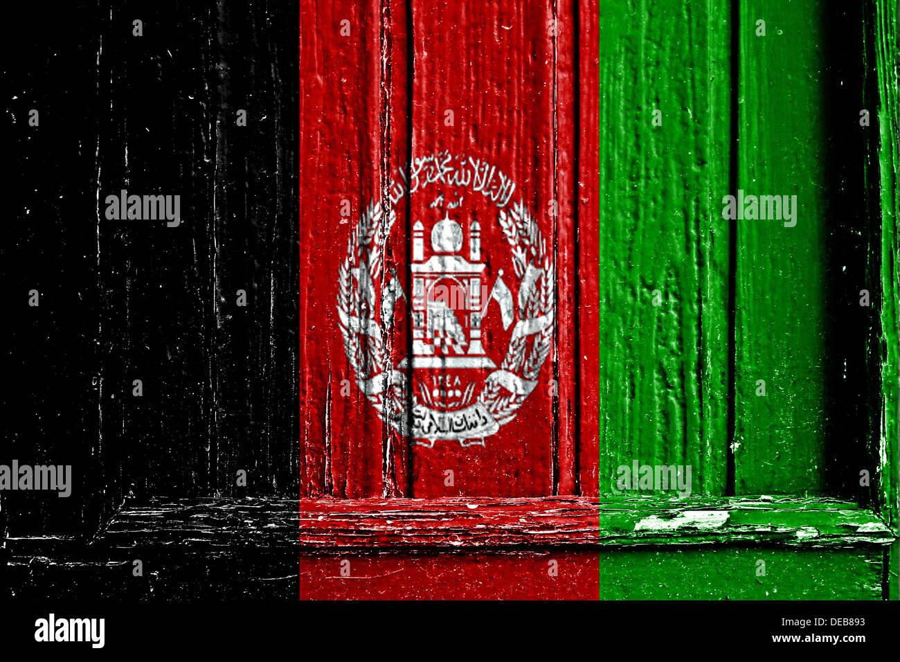 Bandiera dell'Afghanistan dipinta sul telaio in legno Foto Stock
