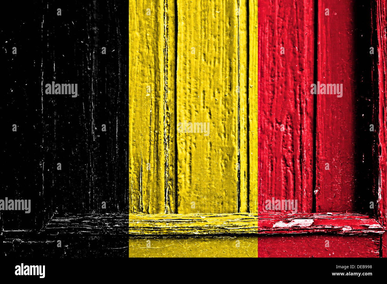 Bandiera del Belgio dipinta su un telaio in legno Foto Stock