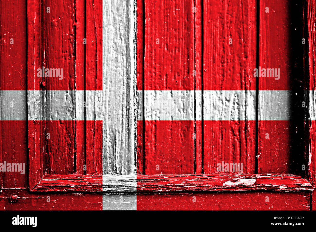 Bandiera della Danimarca dipinta su un telaio in legno Foto Stock