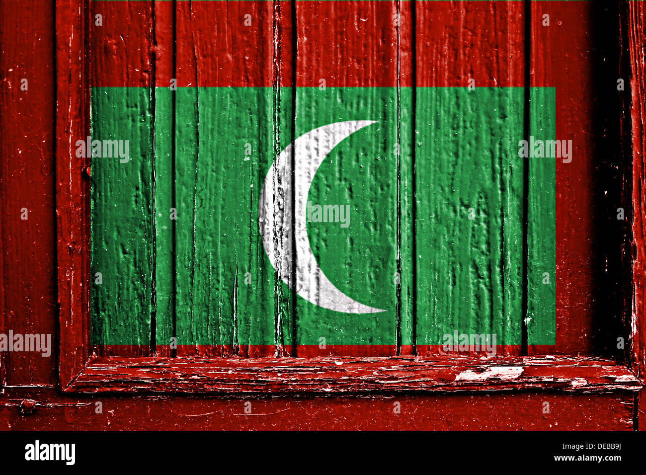 Bandiera delle Maldive dipinta sul telaio in legno Foto Stock