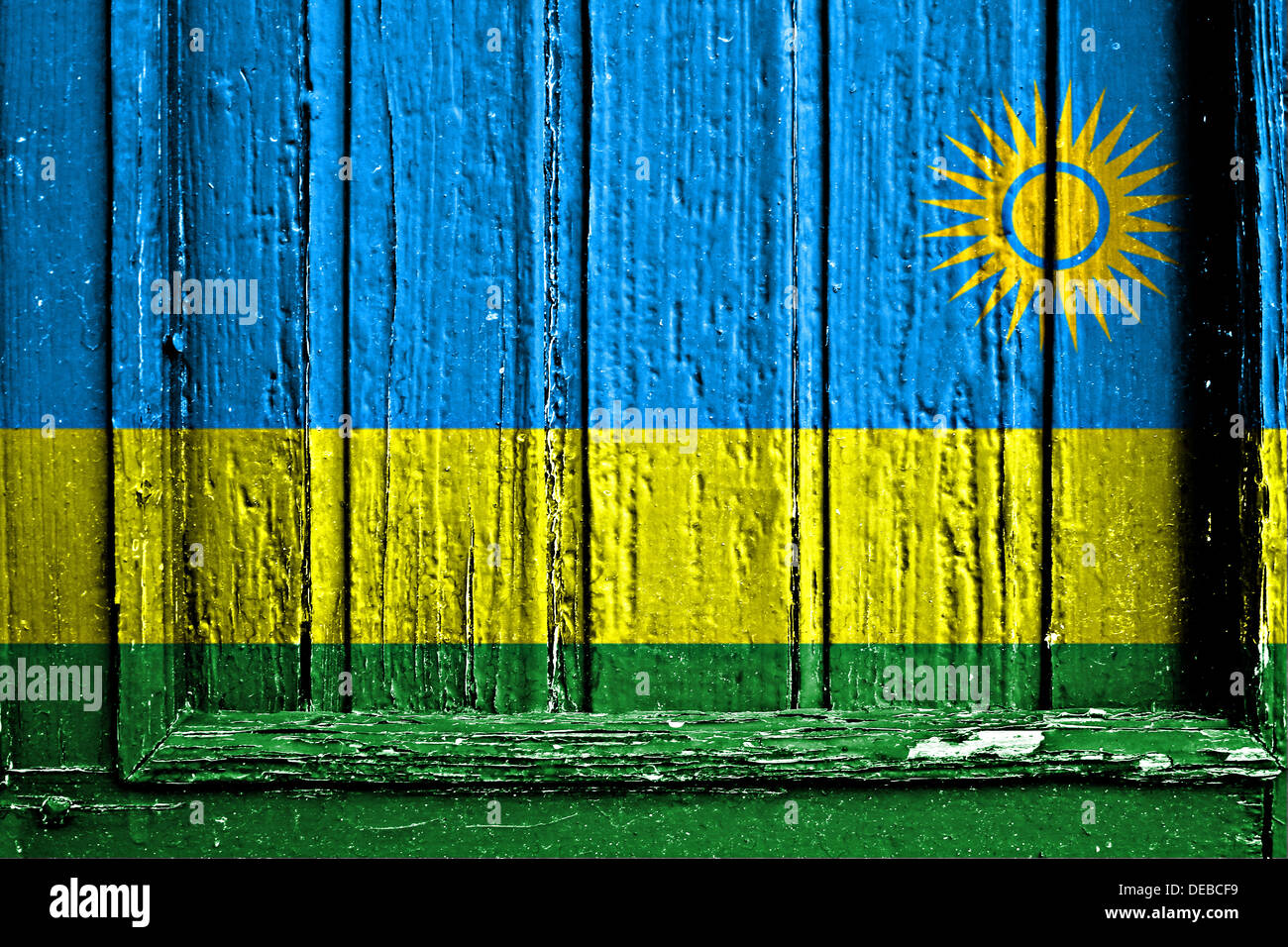 Bandiera del Ruanda dipinta sul telaio in legno Foto Stock