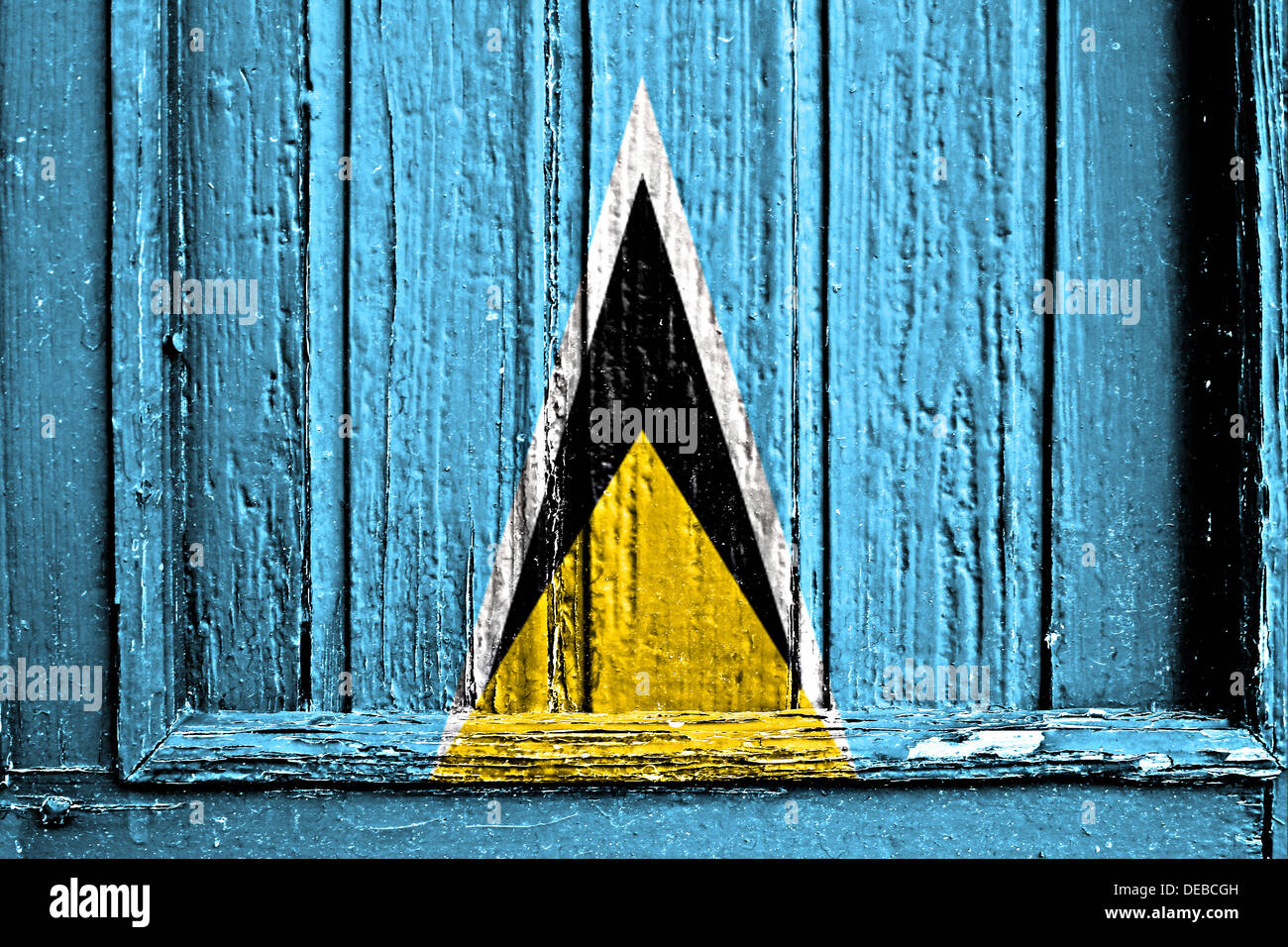 Bandiera di Saint Lucia dipinta sul telaio in legno Foto Stock