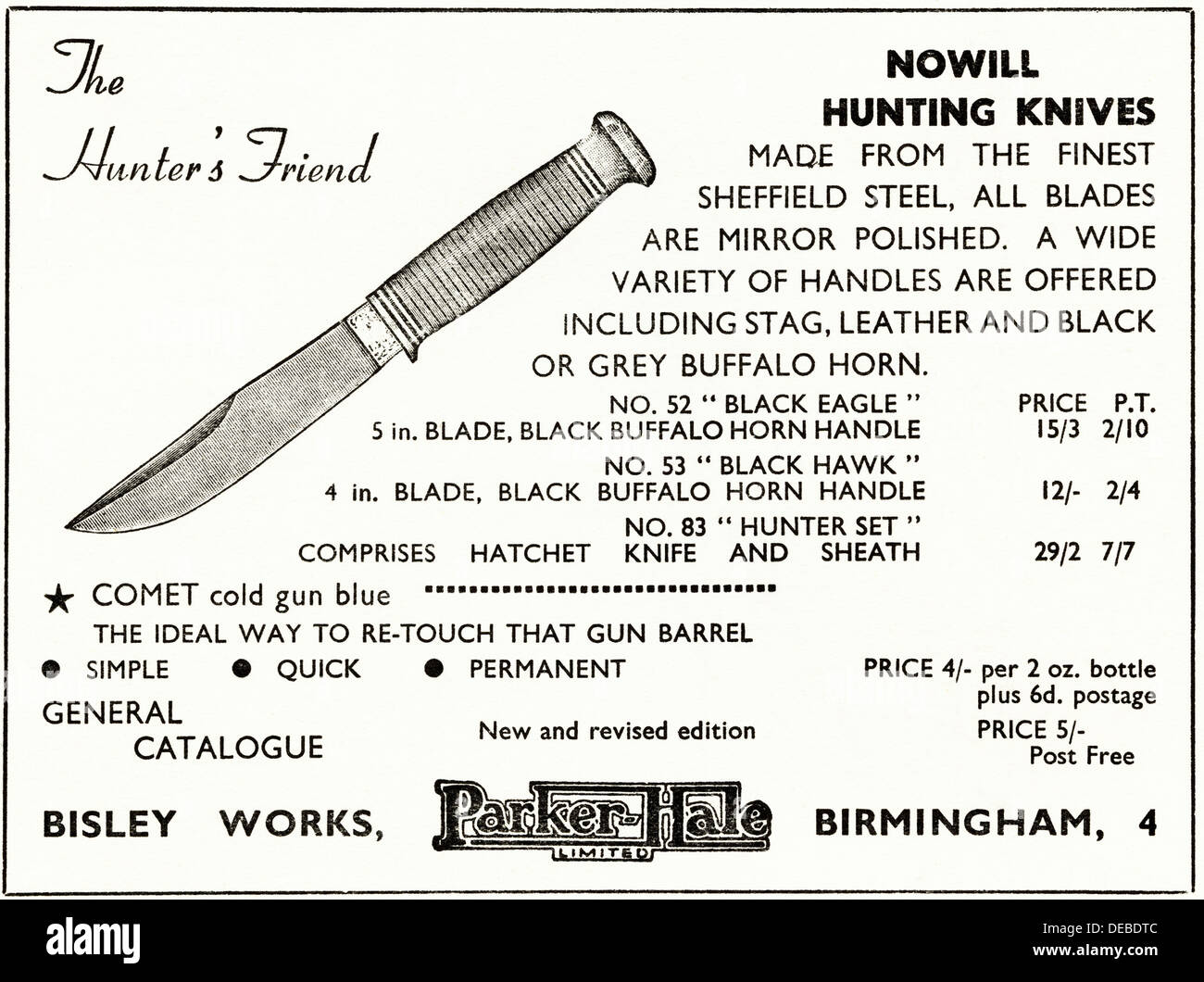 Pubblicità Pubblicità NOWILL coltelli da caccia da Parker-Hale Limited di  Birmingham magazine advert 1954 circa Foto stock - Alamy