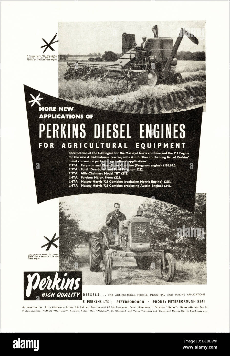 Pubblicità Pubblicità PERKINS MOTORI DIESEL per le attrezzature agricole di Peterborough Inghilterra la rivista britannica advert 1954 circa Foto Stock