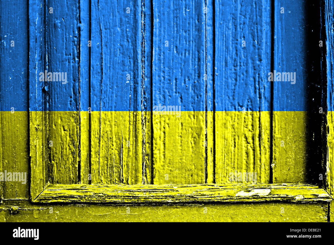 Bandiera dell'Ucraina dipinta sul telaio in legno Foto Stock