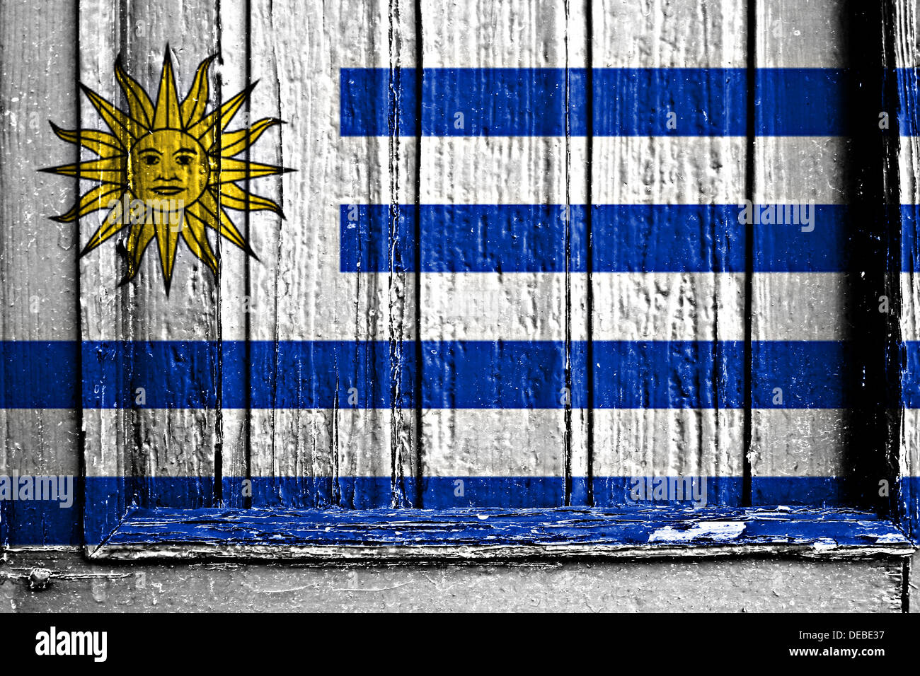 Bandiera dell'Uruguay dipinta sul telaio in legno Foto Stock