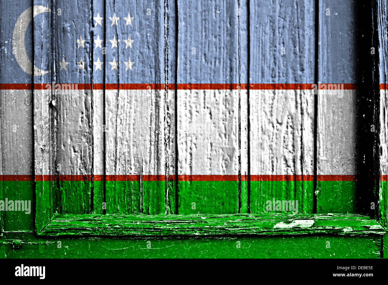 Bandiera della uzbekistan dipinta sul telaio in legno Foto Stock