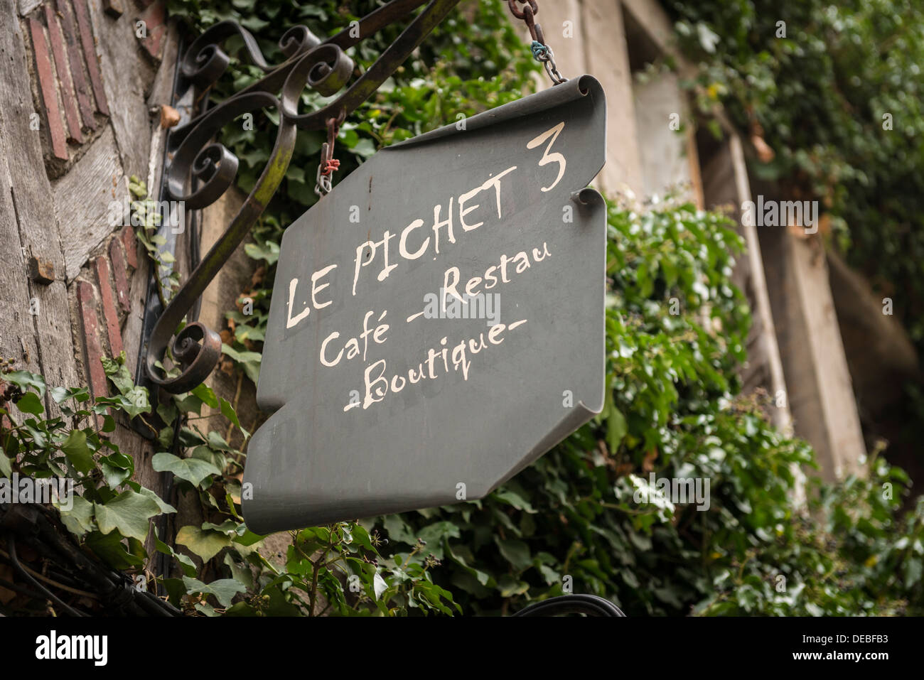 Le Pichet 3 cafe segno, Chartres, Eure-et-Loir, centro, Francia Foto Stock