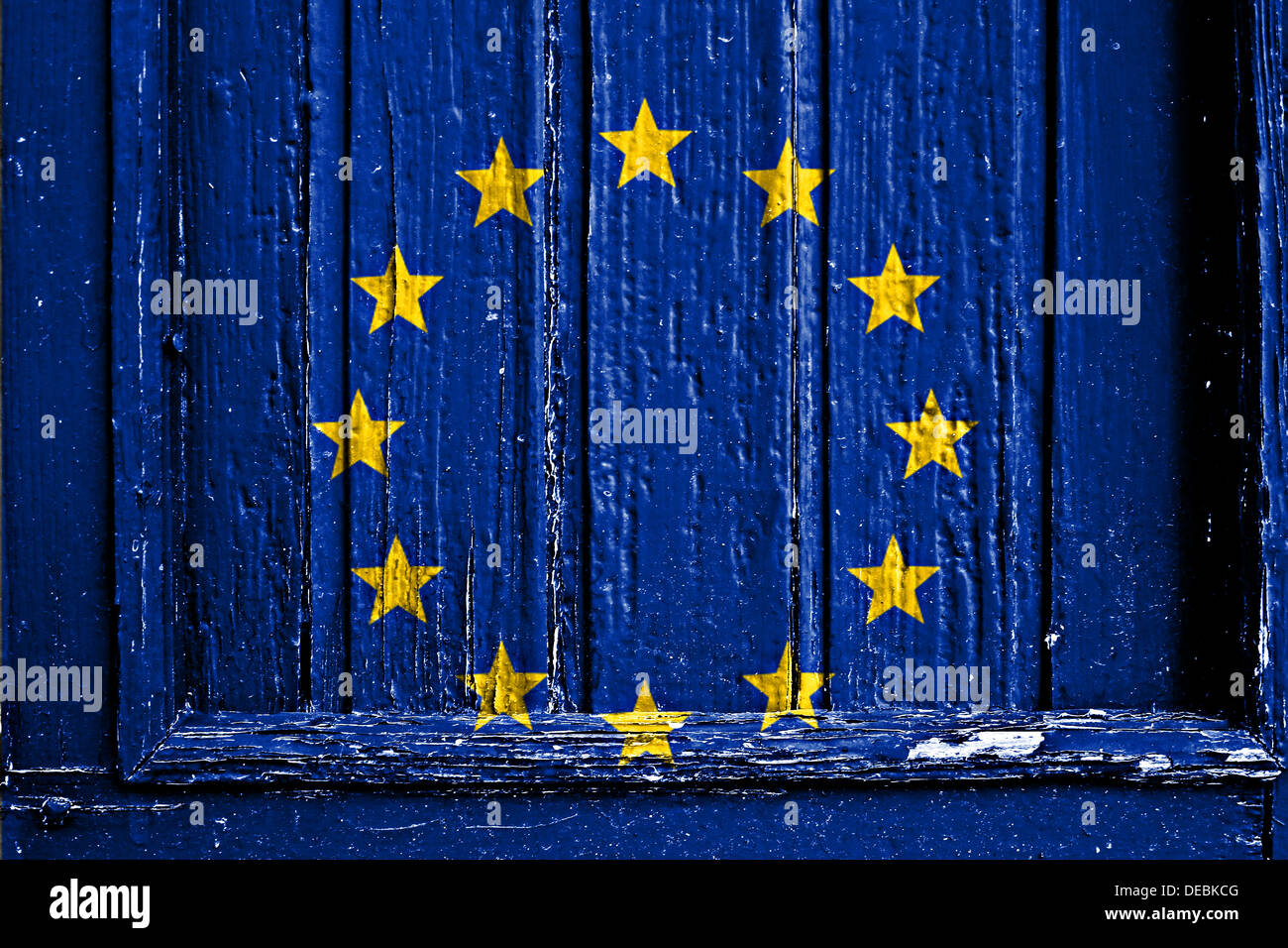 Bandiera dell'UE dipinta su un telaio in legno Foto Stock