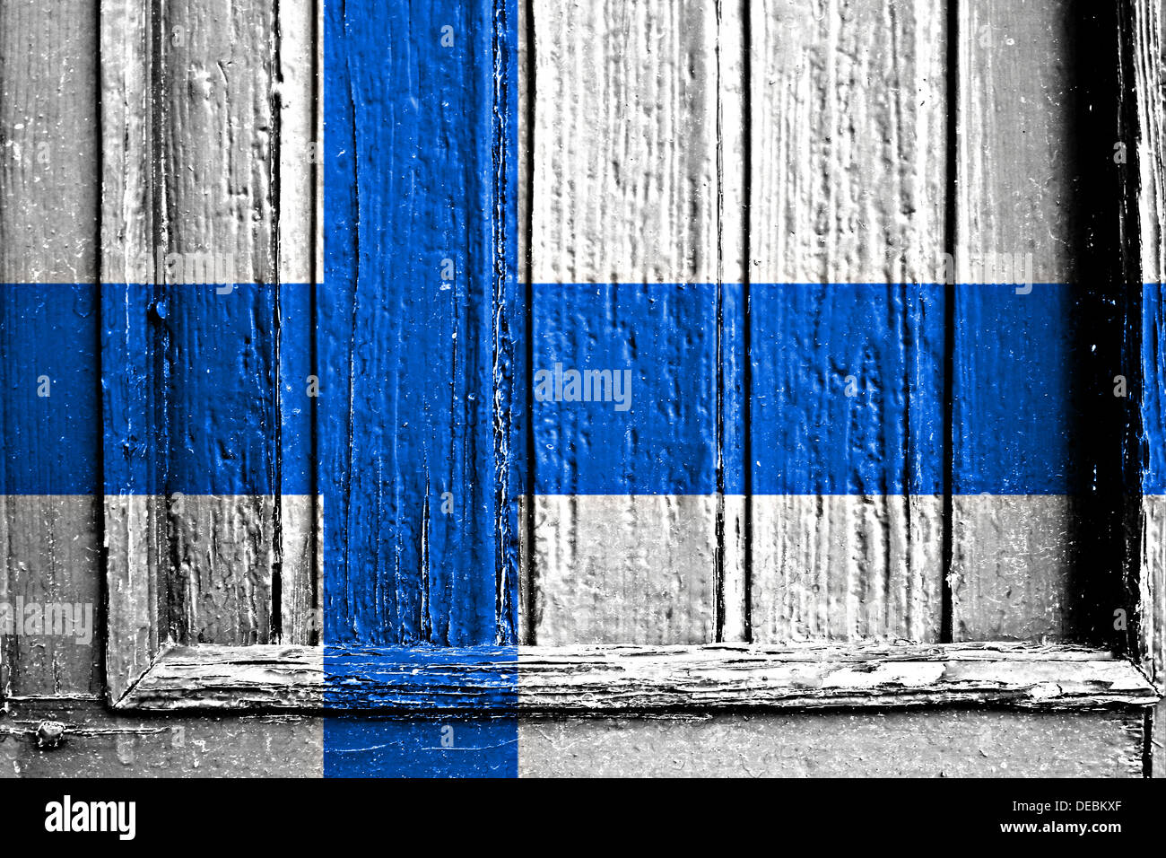 Bandiera della Finlandia dipinta sul telaio in legno Foto Stock
