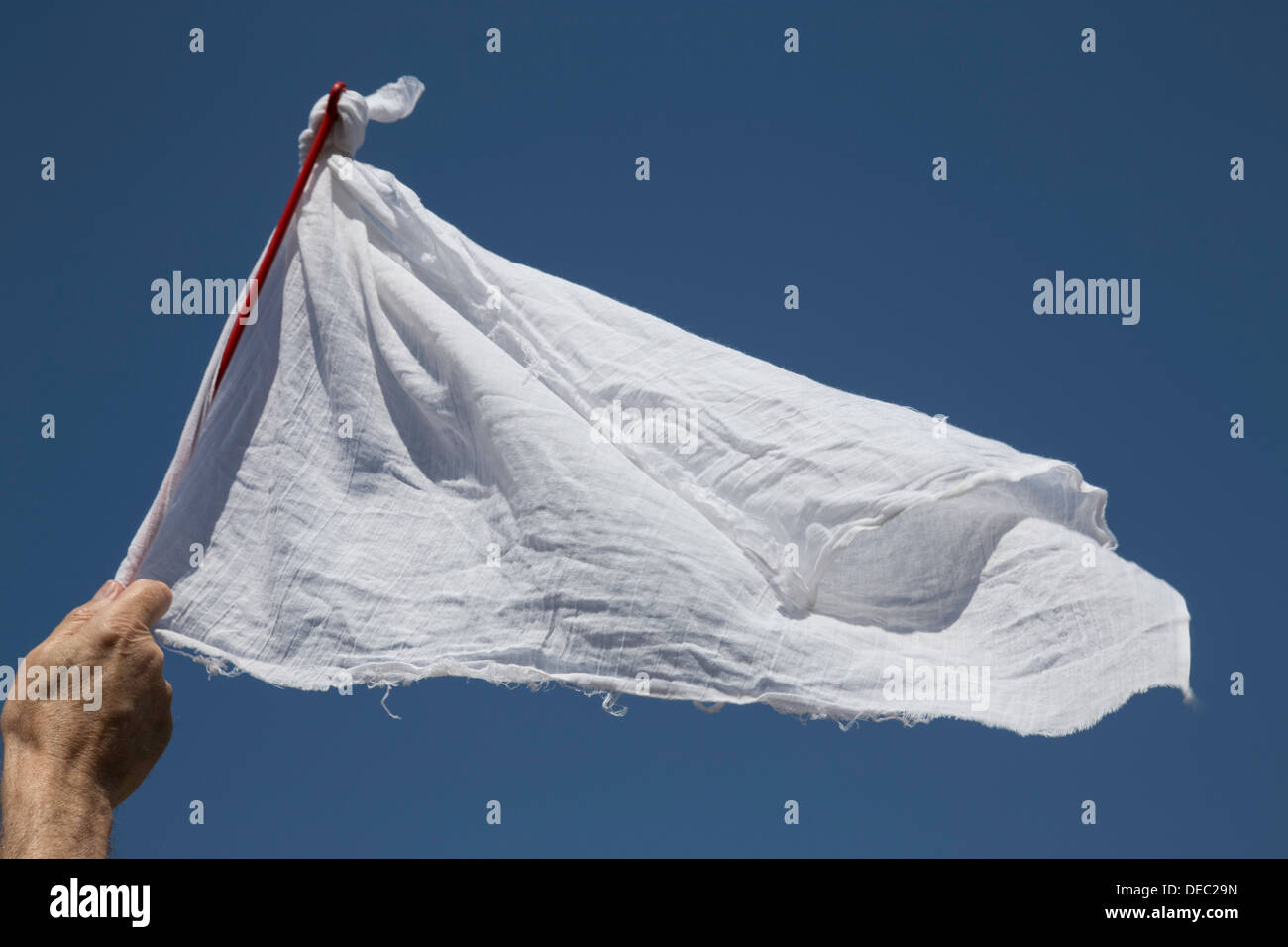 Bandiera bianca sventolata arrendersi contro il cielo blu Foto Stock