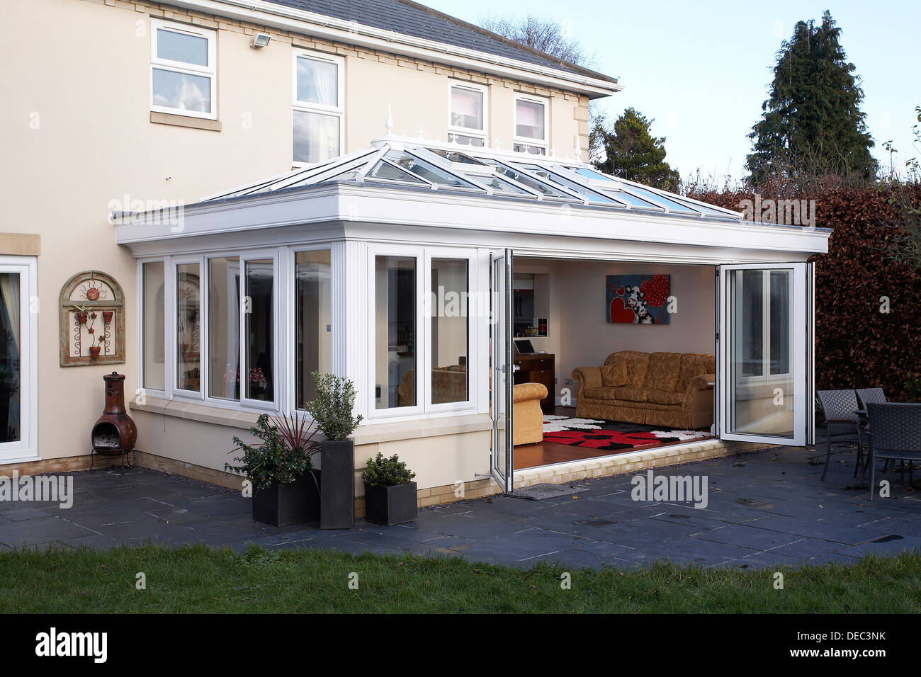 Upvc Consevatory su una casa in Inghilterra, Regno Unito. Foto Stock