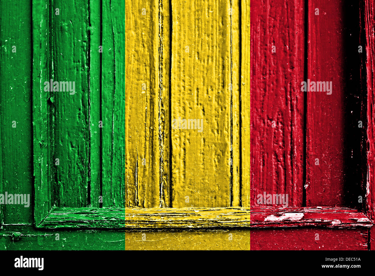 Bandiera del Mali dipinta su un telaio in legno Foto Stock