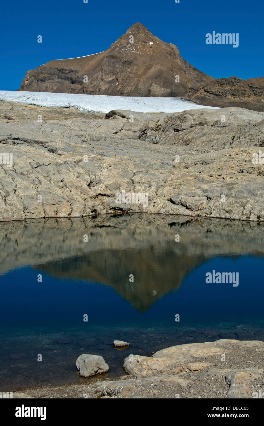 Glaciokarst con dolina nel primo letto sul ghiacciaio del ghiacciaio Tsanfleuron, Alpi Bernesi, Vallese, Svizzera Foto Stock