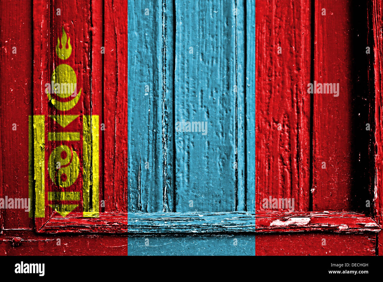 Bandiera della Mongolia dipinta su un telaio in legno Foto Stock