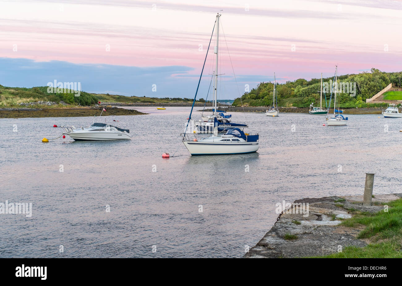 Un rosa pallido cielo sopra Strangford Lough Foto Stock