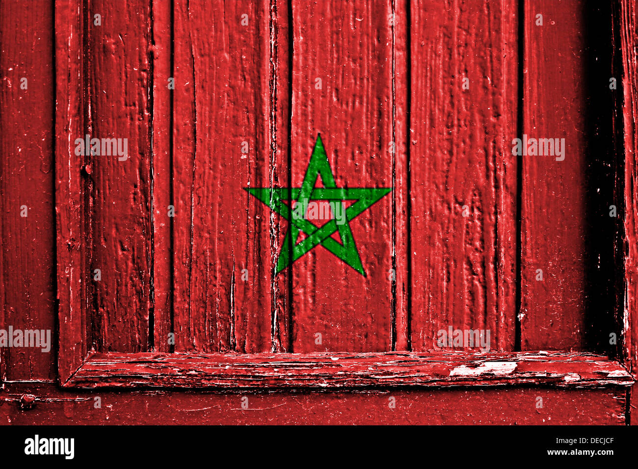 Bandiera del Marocco dipinta su un telaio in legno Foto Stock