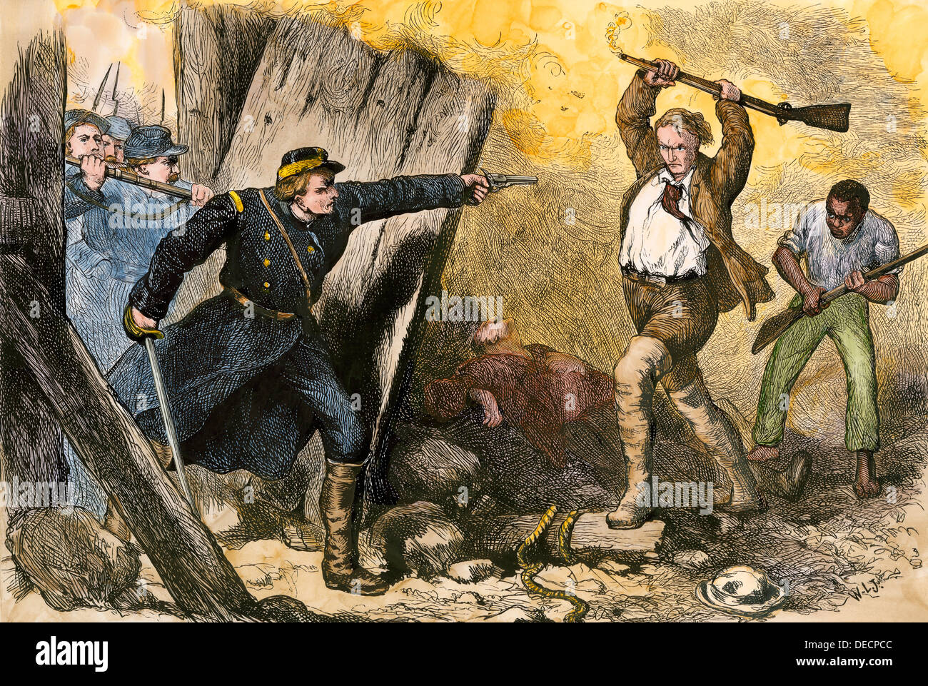 Cattura di John Brown nella sua barricata in Harper's Ferry, West Virginia, 1859. Colorate a mano la xilografia Foto Stock