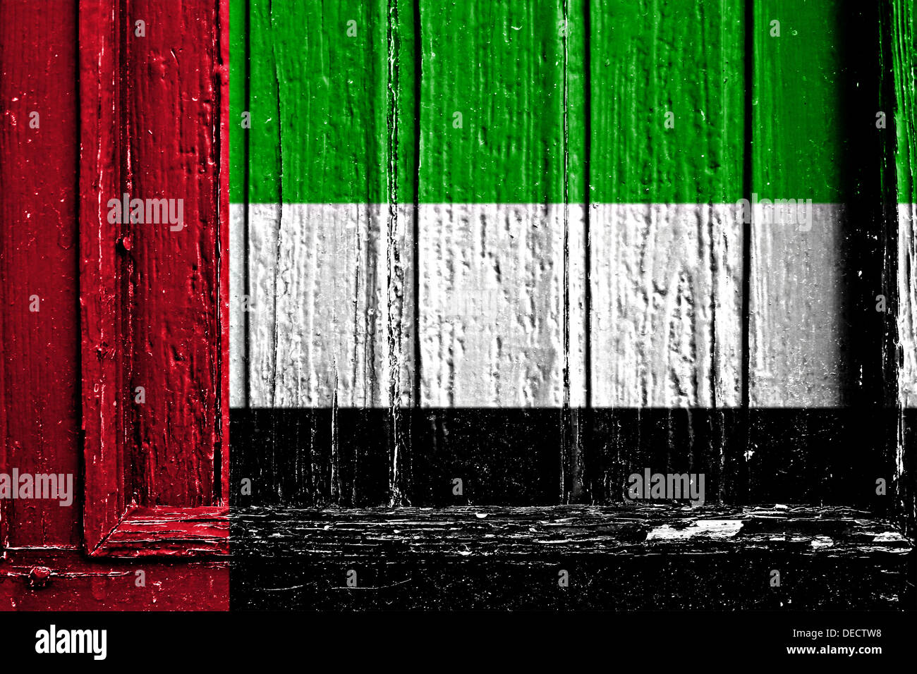 Bandiera degli Emirati arabi uniti dipinta su un telaio in legno Foto Stock