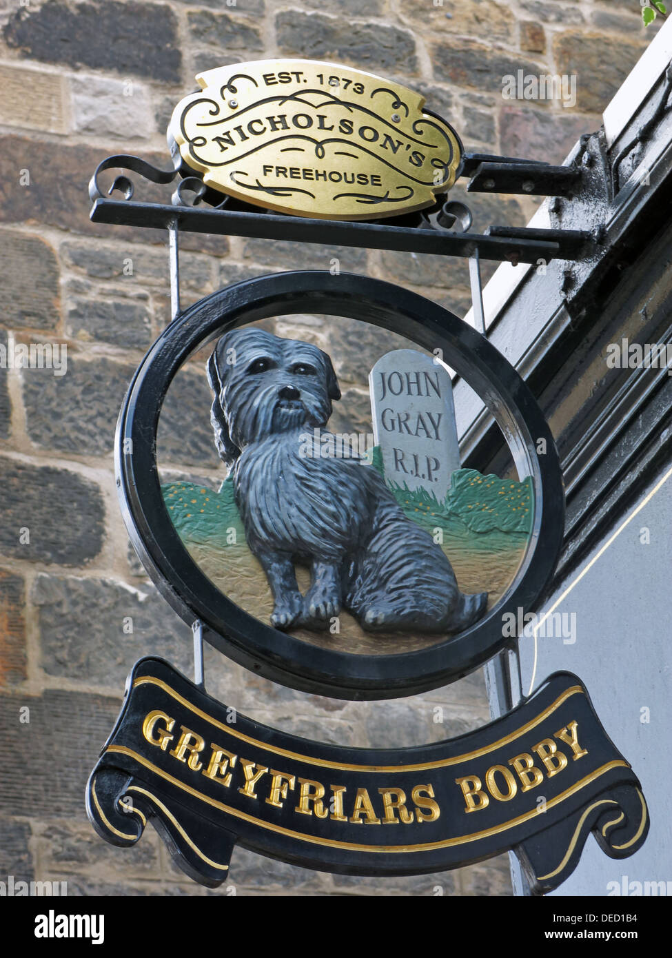 Greyfriars Bobby Pub segno, Città Vecchia, Edimburgo, capitale della Scozia UK Foto Stock