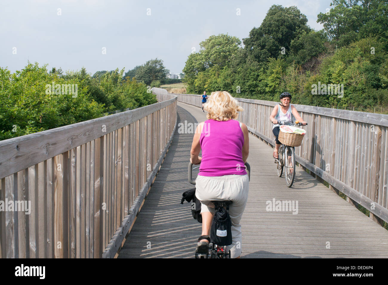 Due donne i ciclisti passare su una passerella di legno sul sentiero Exe Devon, Inghilterra, Regno Unito Foto Stock