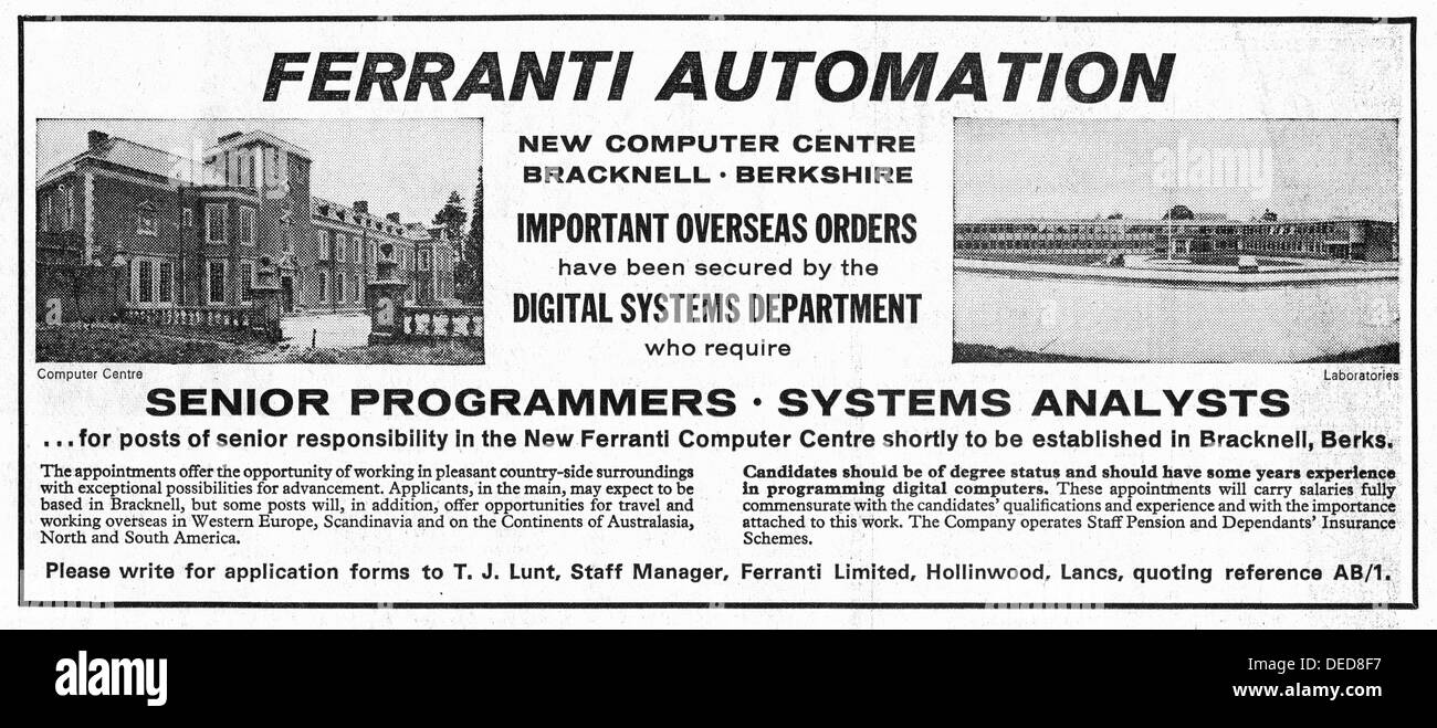 Annuncio di lavoro Ferranti per programmatori nel 1965 Foto Stock