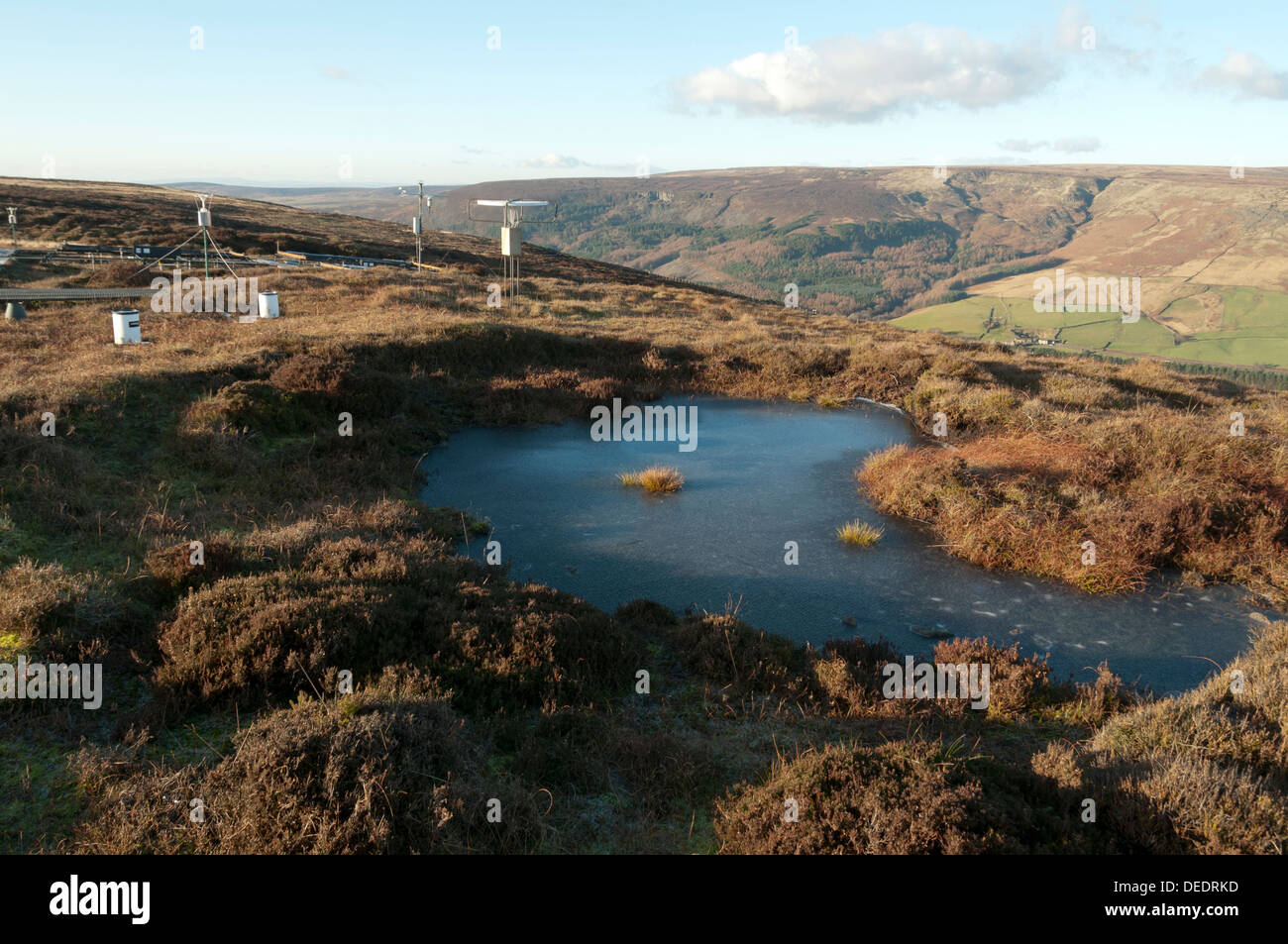 Piscina congelati al recupero del progetto del tetto, su Bleaklow hill, vicino a Glossop, Peak District, Derbyshire, England, Regno Unito Foto Stock