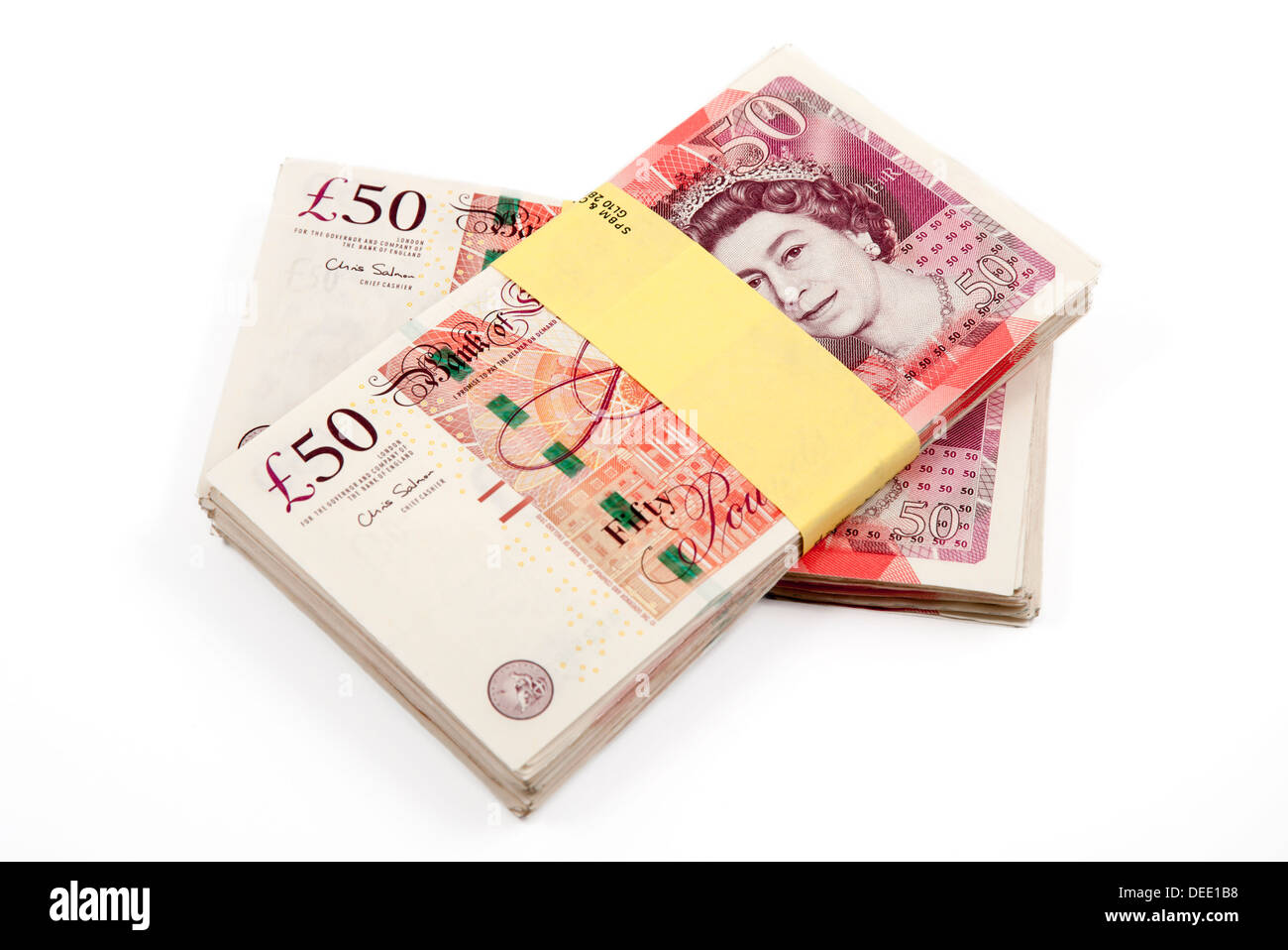 Cinque mila libbre in cinquanta pound note Foto Stock