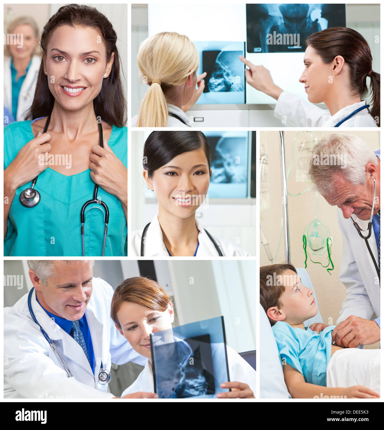 Un team di medici e infermieri gli uomini e le donne con i pazienti in un ospedale, guardando a raggi X con stetoscopi Foto Stock