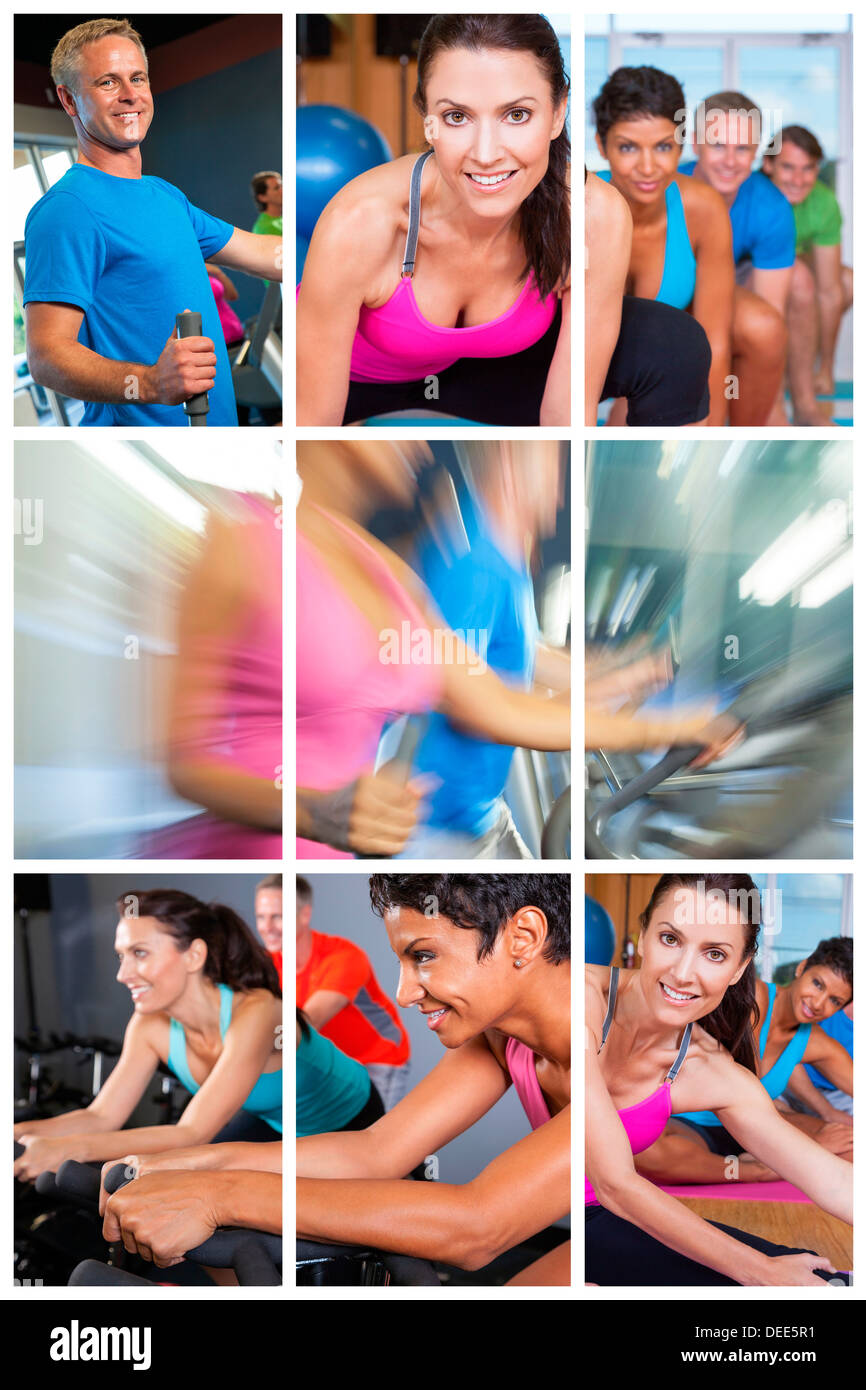 Montaggio di interracial persone per gli esercizi in palestra su apparecchiature e Materassini da yoga Foto Stock
