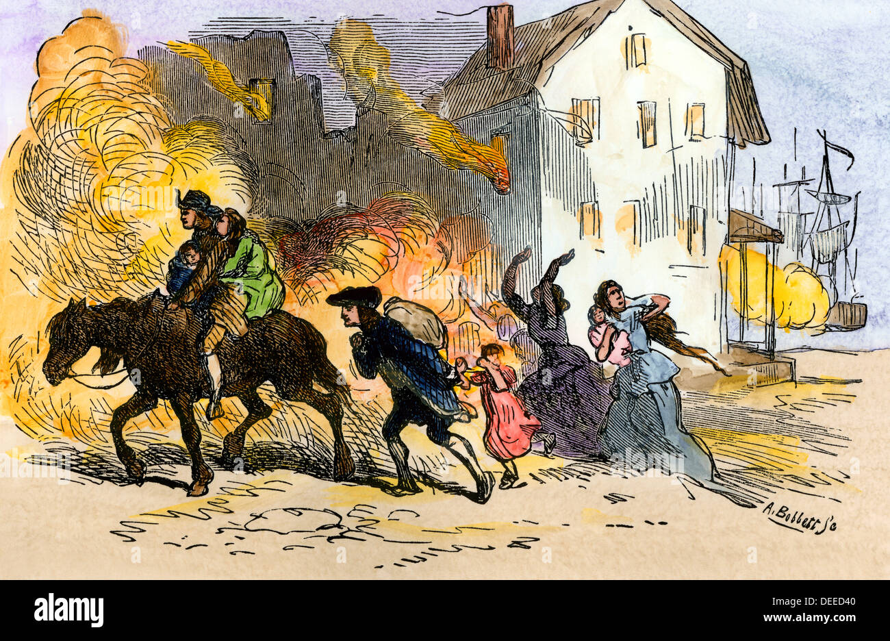 Norfolk, Virginia, sgusciate da navi britanniche, 1776. Colorate a mano la xilografia Foto Stock