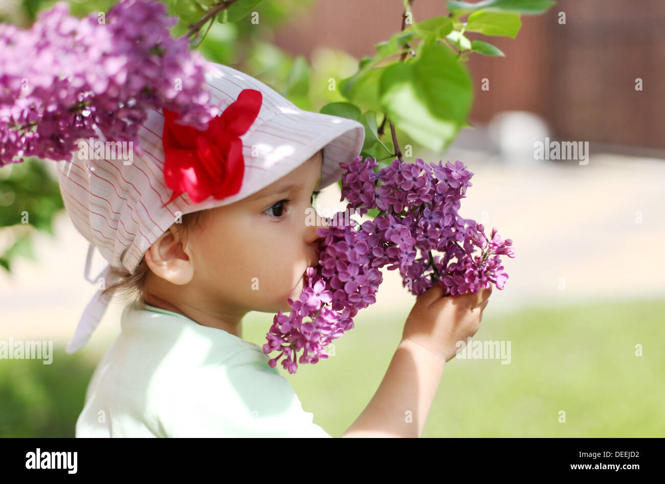 Baby girl sniffing lilla e pensando a qualcosa. Foto Stock