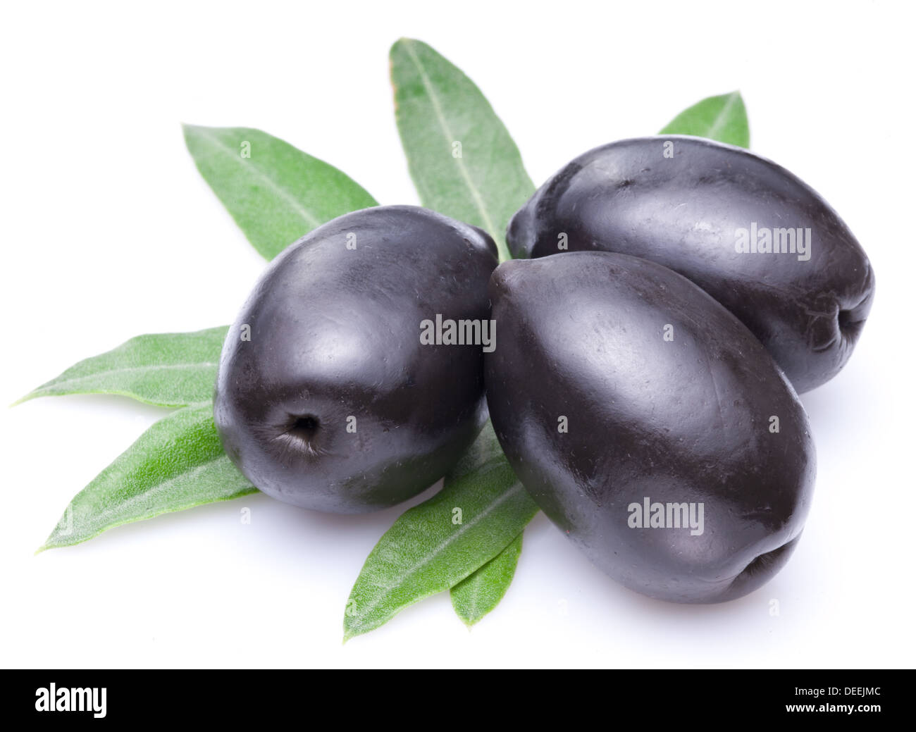 Tre grandi olive nere con foglie isolate su un bianco. Foto Stock