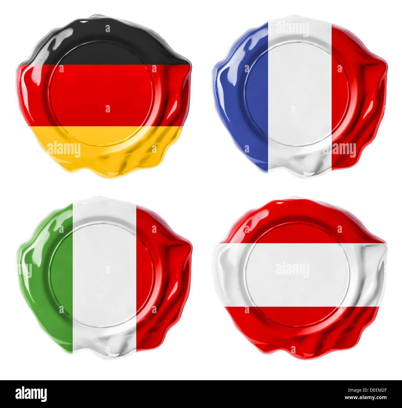 Germania, Francia, Italia, Austria bandiera nazionale sigilli in ceralacca set isolato su bianco Foto Stock