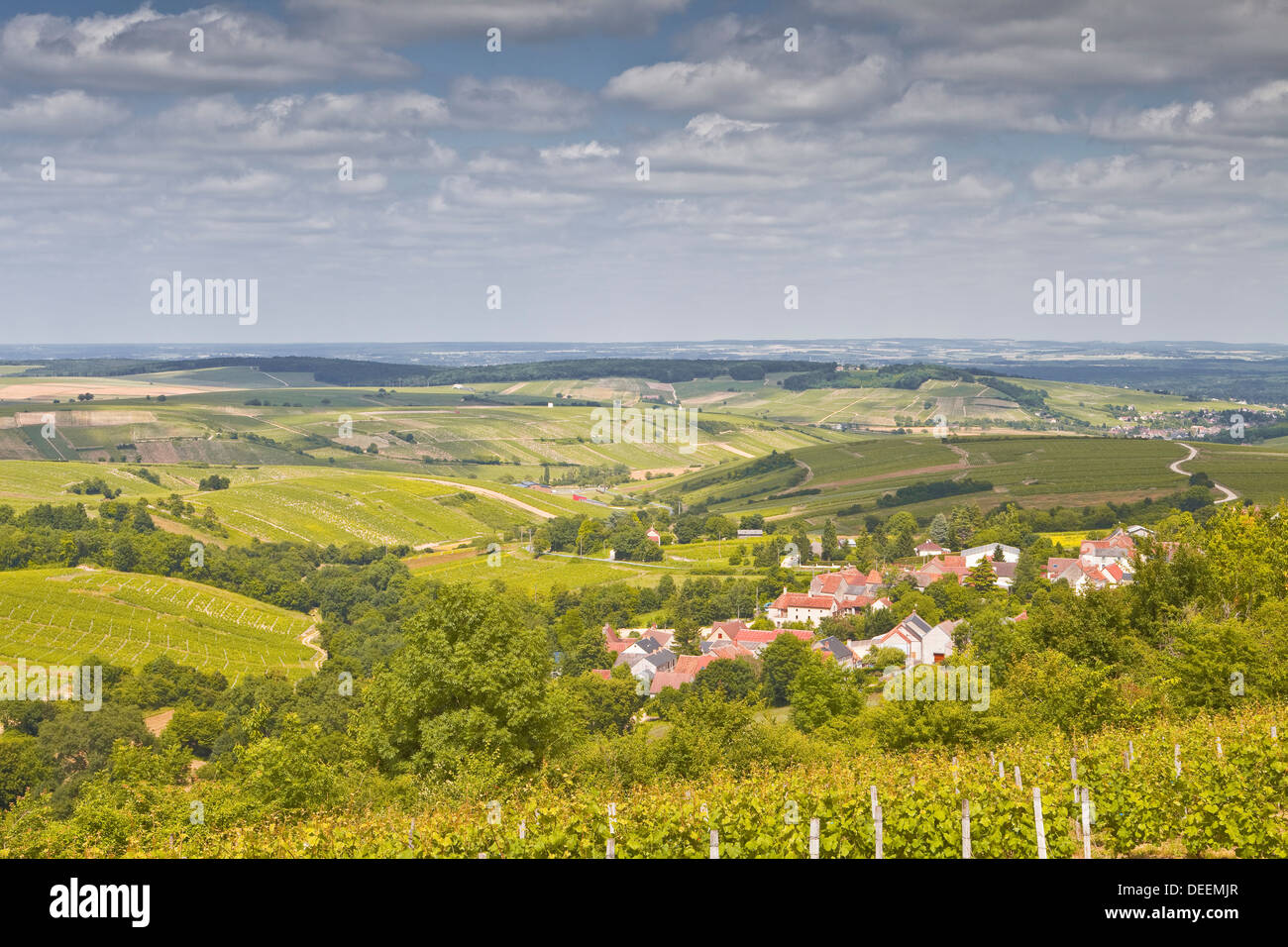 Guardando verso il basso sul villaggio di Amigny vicino a Sancerre, una zona famosa per il suo vino, Cher, Centre, Francia, Europa Foto Stock