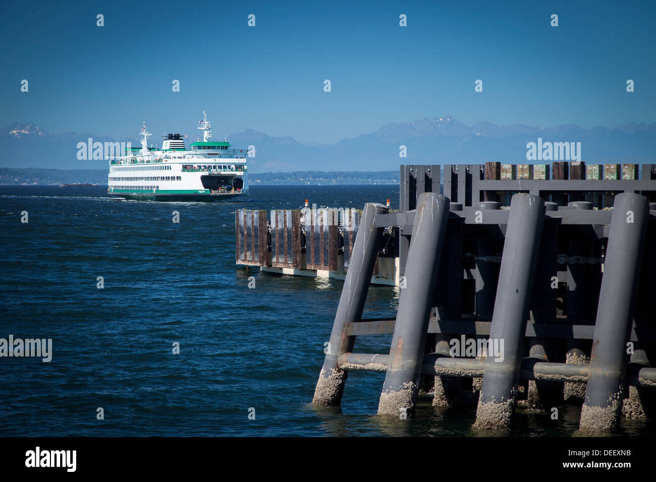 Bainbridge Island Ferry Boat arrivando al Dock di Seattle Seattle, Washington, Stati Uniti d'America Foto Stock