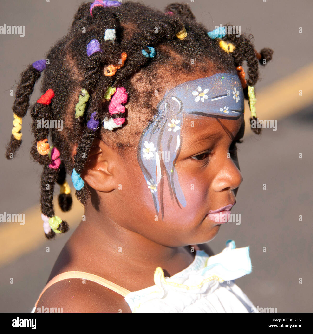 Un giovane bambino con pig tail avente il suo volto dipinto presso il Mercato degli Agricoltori nel centro cittadino di Boise, Idaho Foto Stock