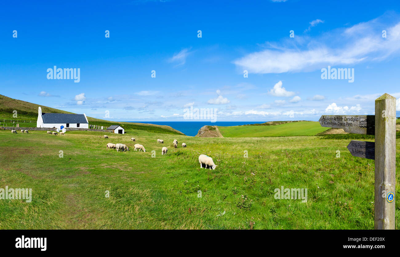 Il Ceredigion percorso della costa passando davanti alla chiesa di Santa Croce, Mwnt, Ceredigion, Wales, Regno Unito Foto Stock