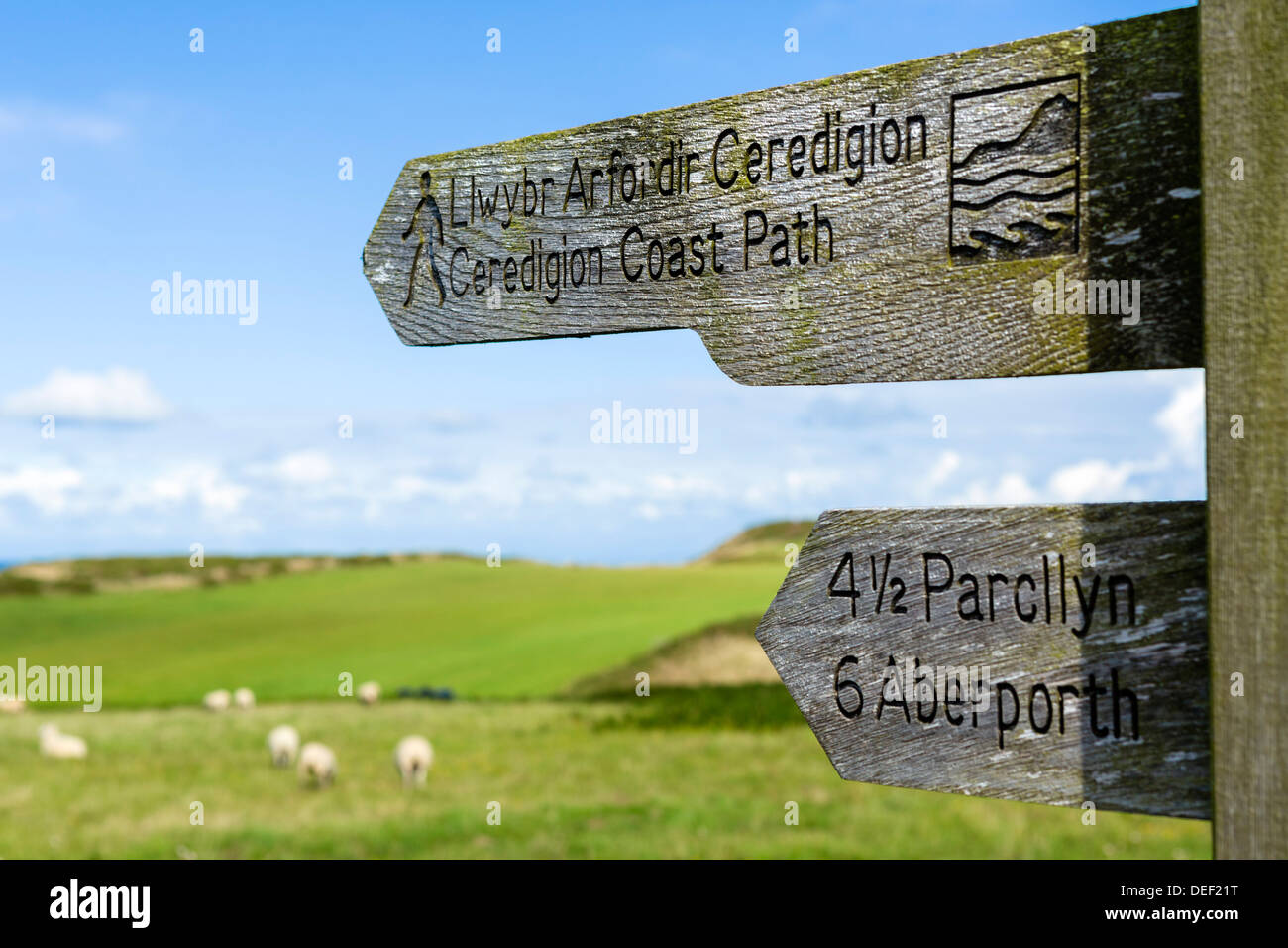 Segno per il Ceredigion sentiero costiero a Mwnt, vicino Cardigan, Ceredigion, Wales, Regno Unito Foto Stock