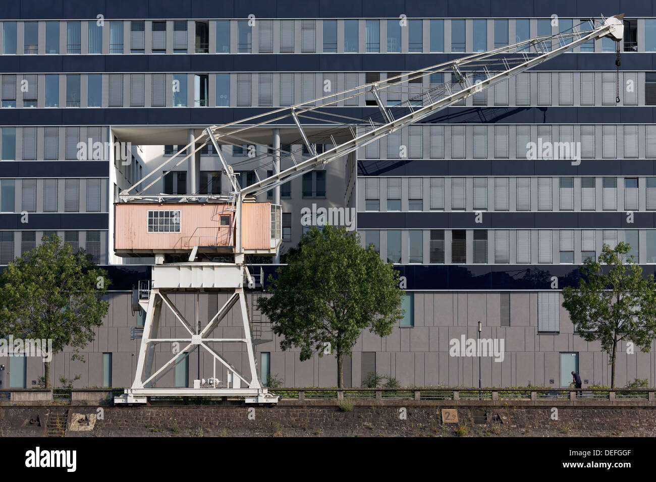 Porto Vecchio gru nella parte anteriore di un moderno edificio di uffici, Innenhafen di Duisburg, distretto della Ruhr, Nord Reno-Westfalia, Germania Foto Stock