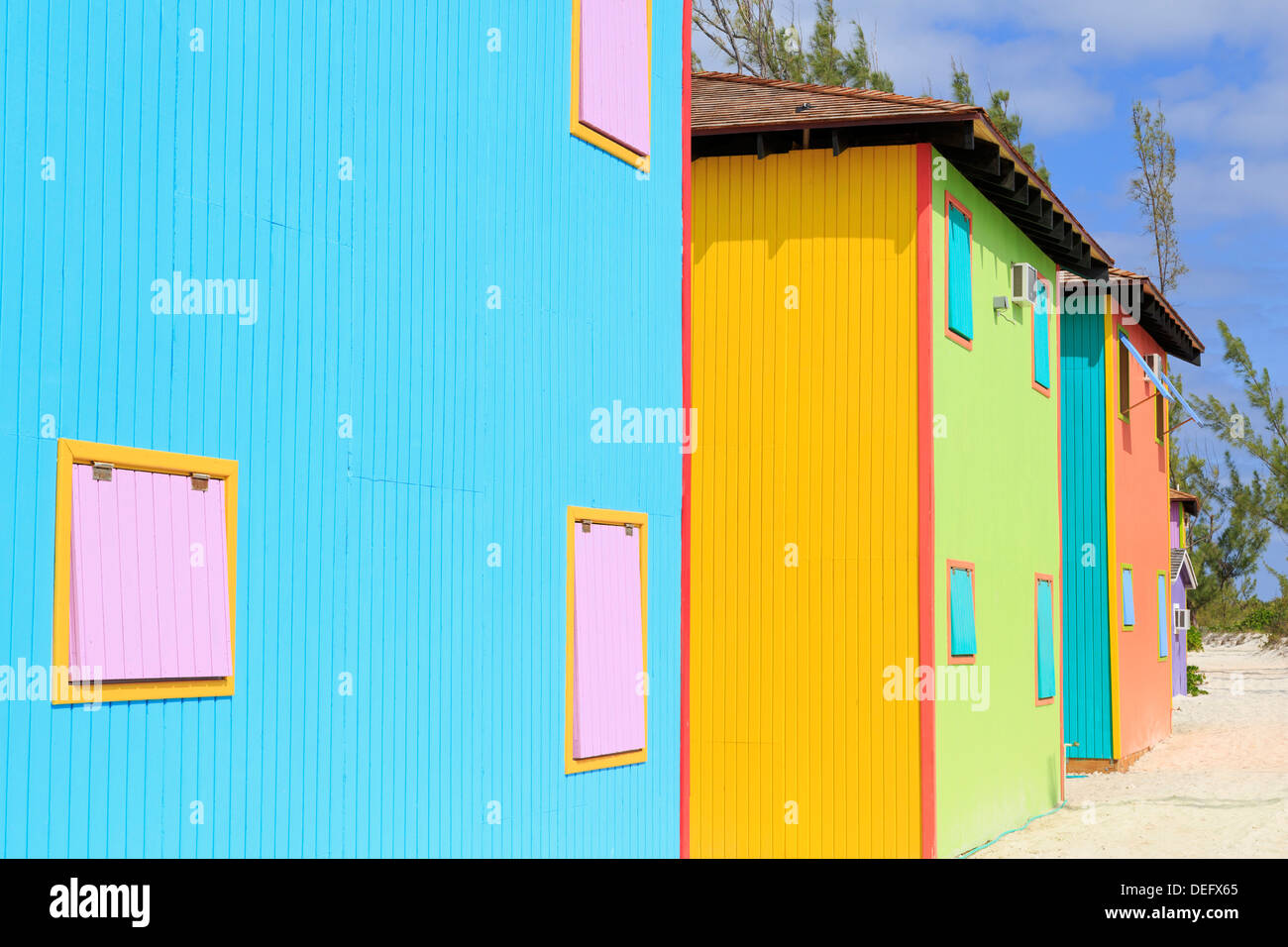 Cabana sulla Half Moon Cay, la piccola isola di San Salvador, Bahamas, West Indies, America Centrale Foto Stock