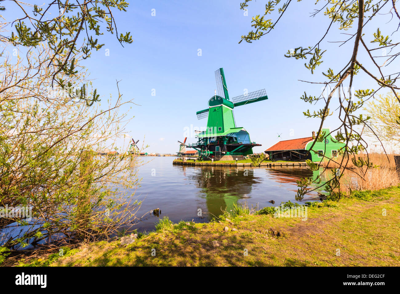 Mulini a vento storico e case a Zaanse Schans sulle rive del fiume Zaan, nei pressi di Amsterdam Zaandam, Paesi Bassi Foto Stock